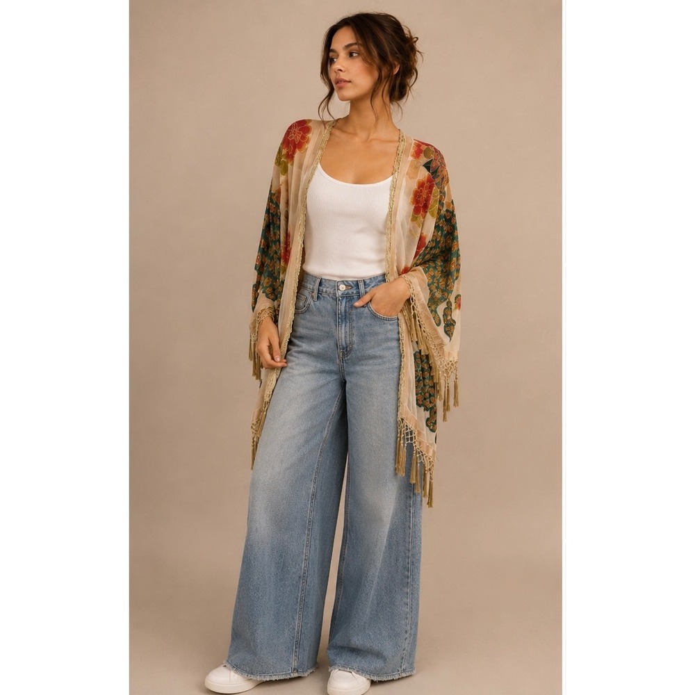 Multi Color ARTDECO STEVIE NICK'S STYLE‎ VELVET GYPSY BOHO  Duster Kimono L